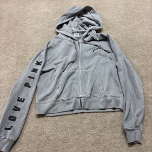 Victoria’s Secret PINK Full-Zip Hoodie – Gray – Love Pink Sleeve + Neon 1833